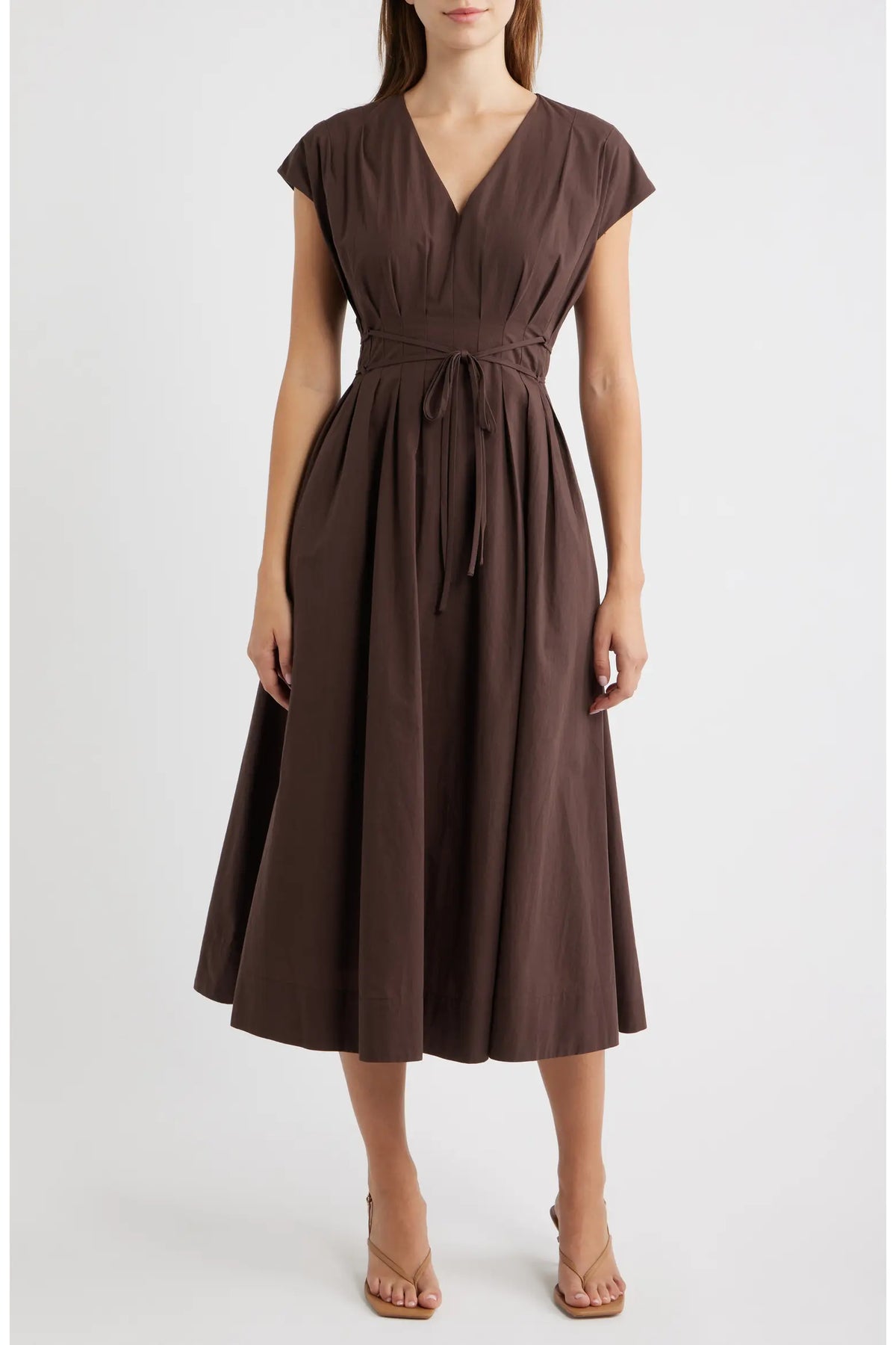 Pleated V Neck Midi Dress