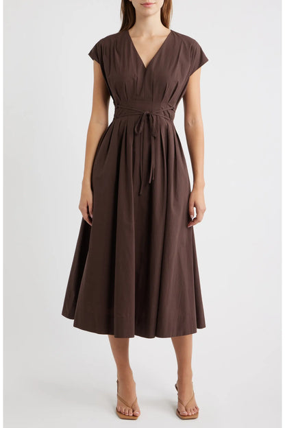 Pleated V Neck Midi Dress