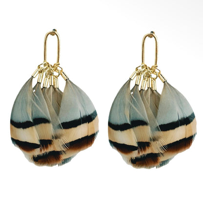 Brown Striped Feather Statement Earring