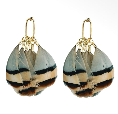 Brown Striped Feather Statement Earring
