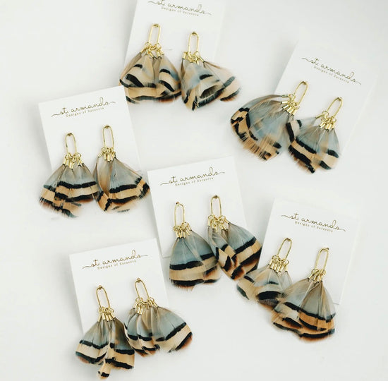 Brown Striped Feather Statement Earring