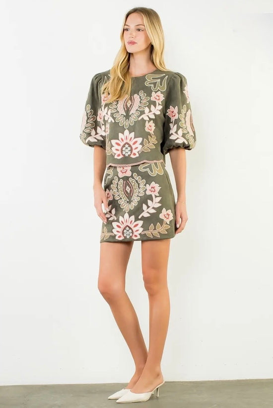 Suede Embroidered Flower Top