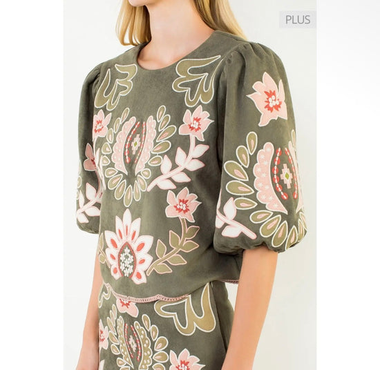 Suede Embroidered Flower Top